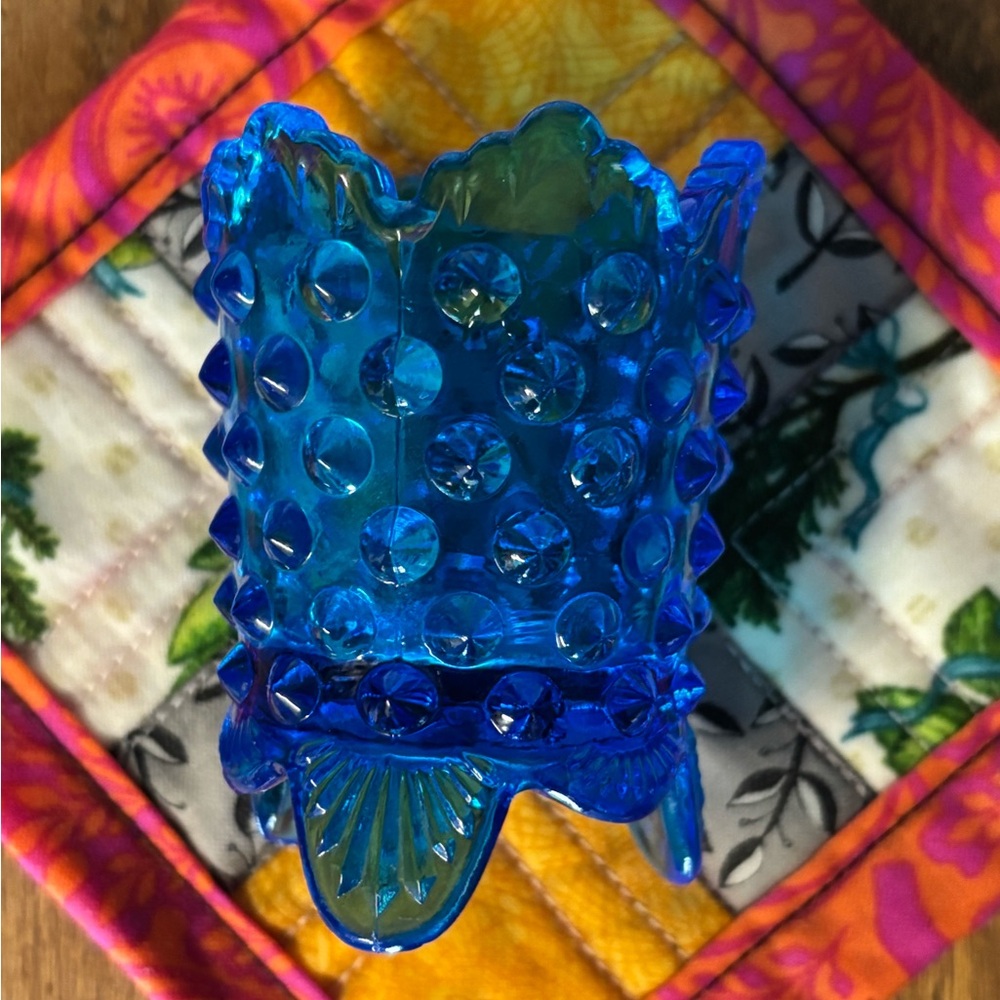 Fenton Vintage Blue Hobnail Footed Glass Toothpick Holder